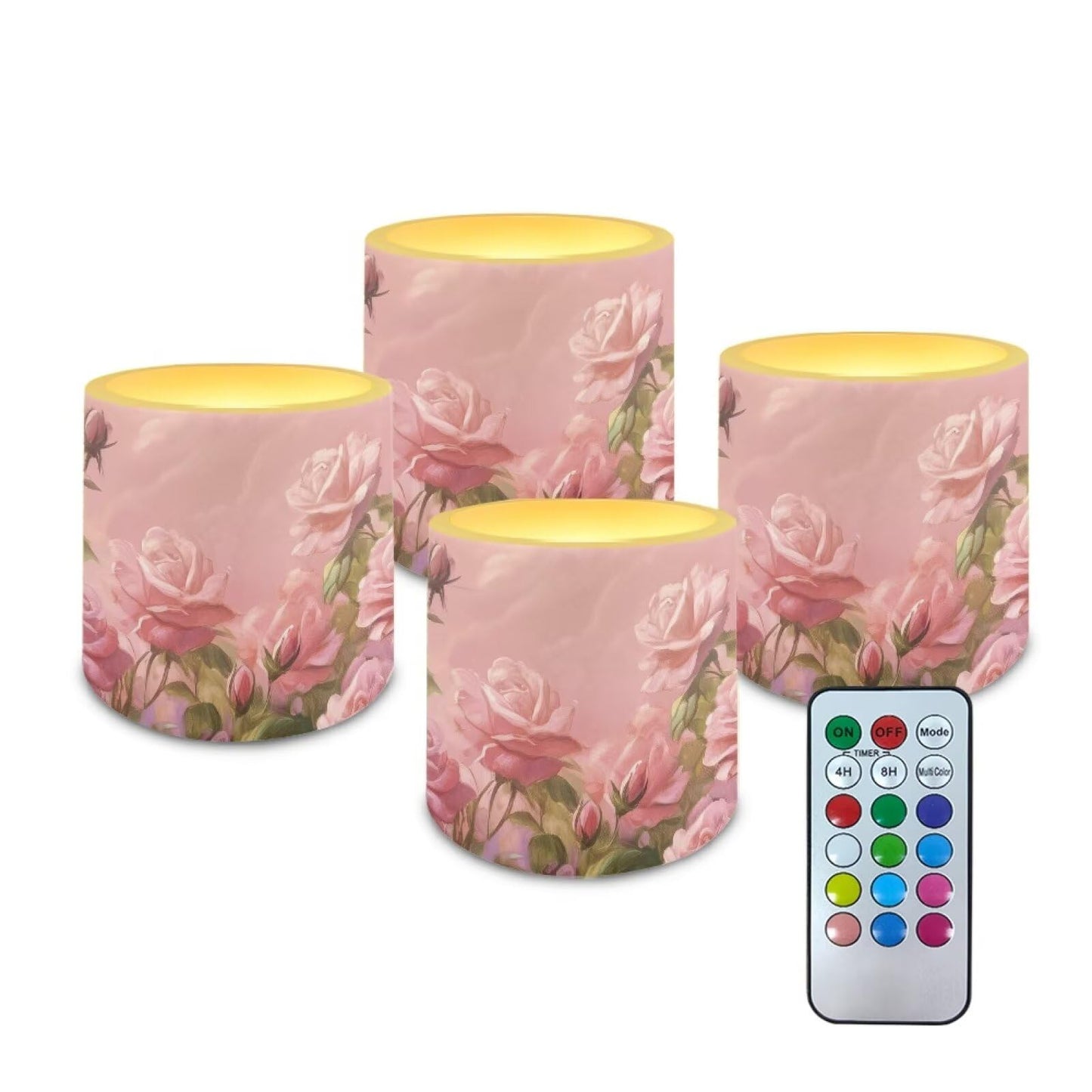 Cozeyat Pink Floral Versatile LED Flameless Candles 4 Pack Battery Operated with Remote Control Timer Dancing Flame Waterproof for Indoor Outdoor Home Table