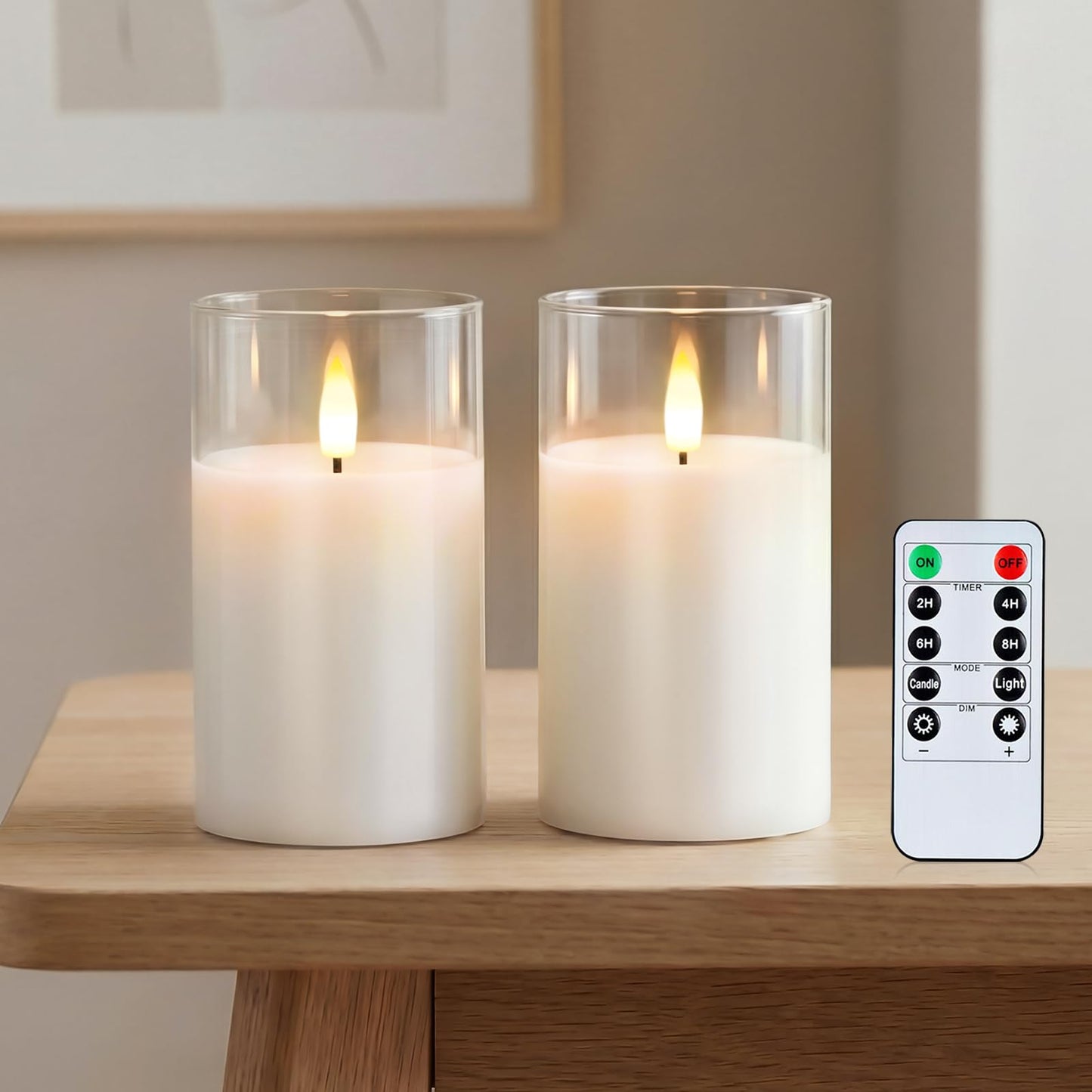 Amagic 3"x5" Clear Glass Flameless Candles Battery Operated with Timer, Remote Control, LED Pillar Candles, Battery Powered, Valentine's Day Decor, Pure White Wax, Set of 2