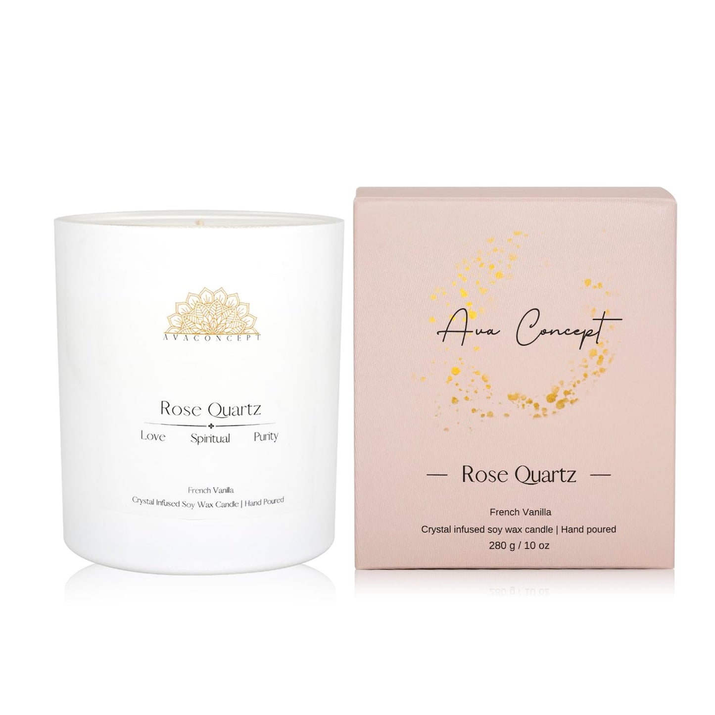 Ava Concept Rose Quartz Crystal Candle – 10oz / 280g | French Vanilla Aromatherapy | Hand-Poured Soy Wax | Genuine Rose Quartz Healing Crystals Embedded | Love, Spiritual & Purity | Gift Box Included