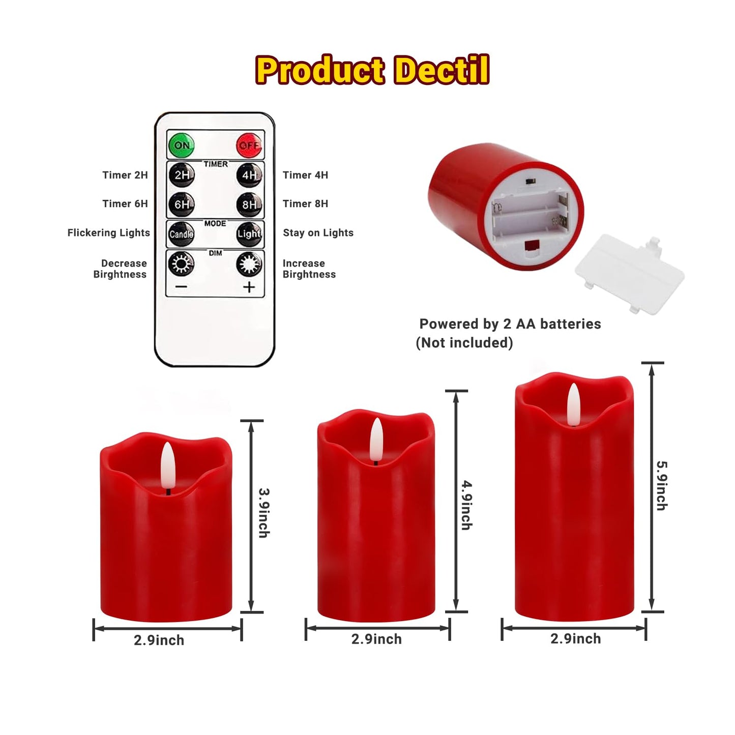 Flickering Flameless Candles, Set of 3 Red LED Candle Light with Remote & Timer, Battery Operated Electric Pillar Candle by Real Wax Dimmable Fake Candles for Valentine's Day Wedding Anniversary (Red)