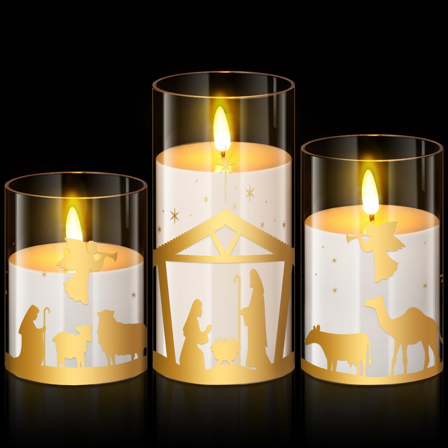 Blosssound 3 Pack Christmas Nativity Flameless Candles Battery Operated Xmas Nativity Jesus Flameless Flickering Candles LED for Home Fireplace Winter Holiday Table Decorations Christmas Gifts