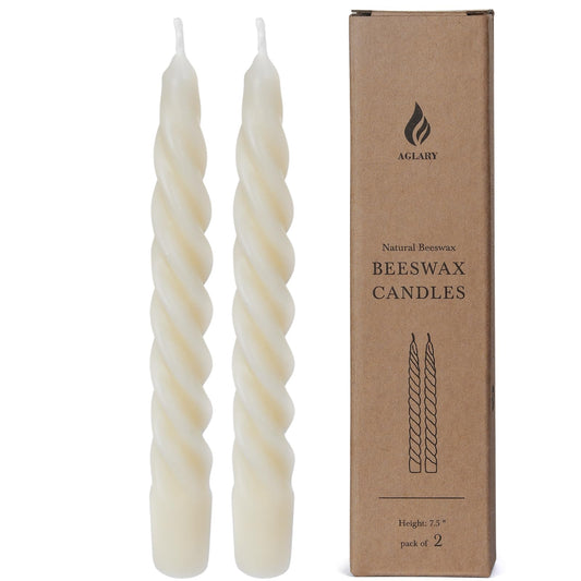 AGLARY 2PCS 7-Inch Pure Beeswax Spiral Taper Candles, Twisted Stick Candles, Dripless & Unscented for Weddings, Christmas, Dinner, Meditation - White