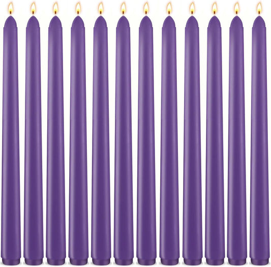 12-Pack Royal Purple Taper Candles, 10 Inch Unscented Dripless Candlesticks, Long-Lasting Burn Time of 7-8 Hours, Perfect for Home Décor, Weddings, and Events