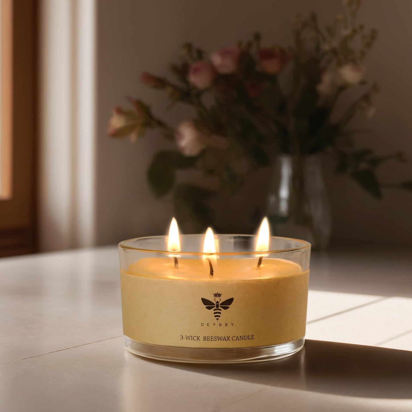 DEYBBY Large Beeswax Jar Candle - 3 Wick Beeswax Candle Gift - Handpour Candle with Natural Honey Scent, 22 Hours Burning