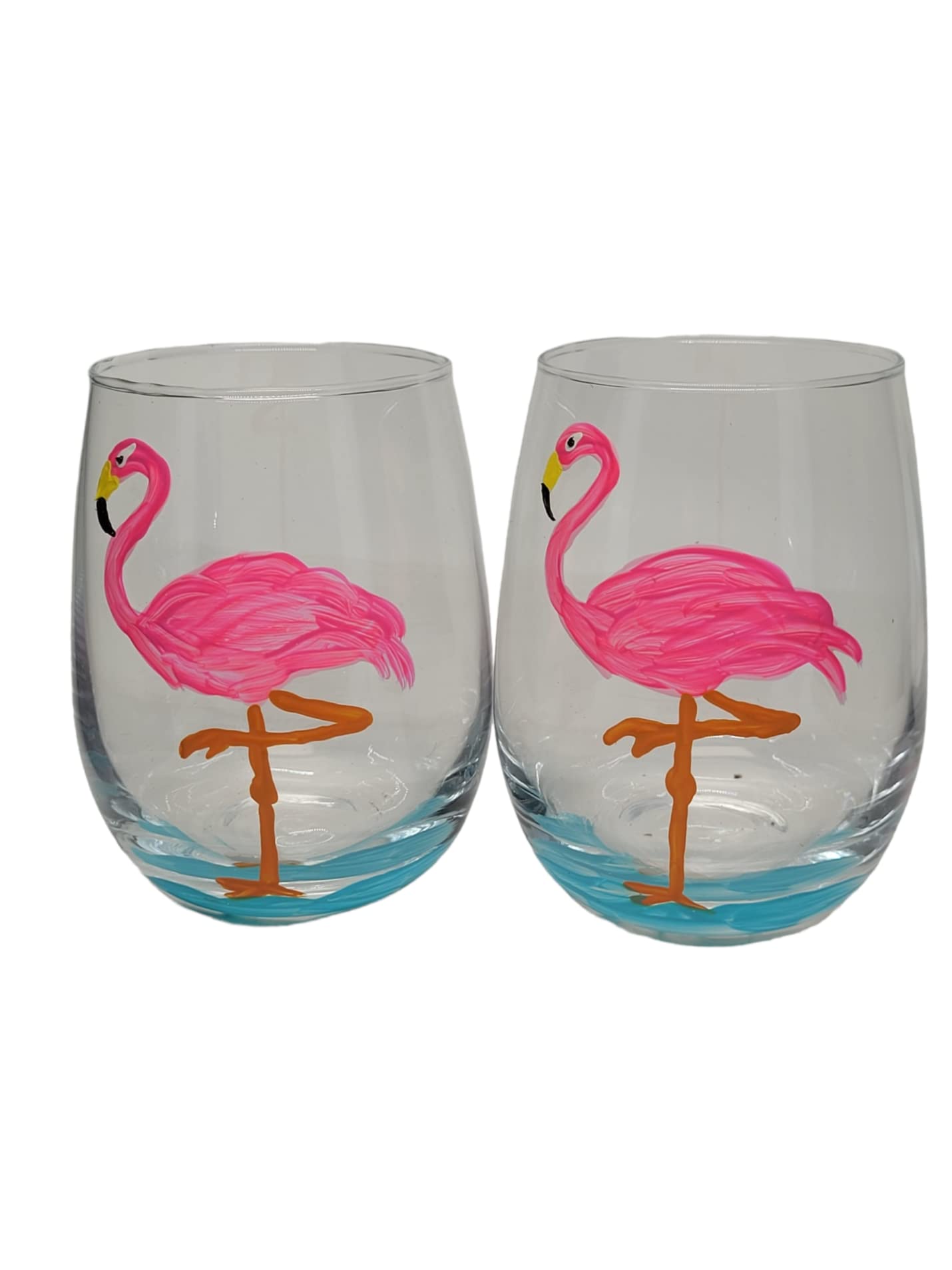 Pink Flamingo Hand Painted Stemmless Wine Glasses Set of 2 Tropical Home Decor