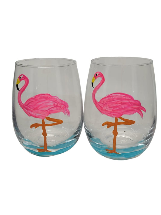Pink Flamingo Hand Painted Stemmless Wine Glasses Set of 2 Tropical Home Decor