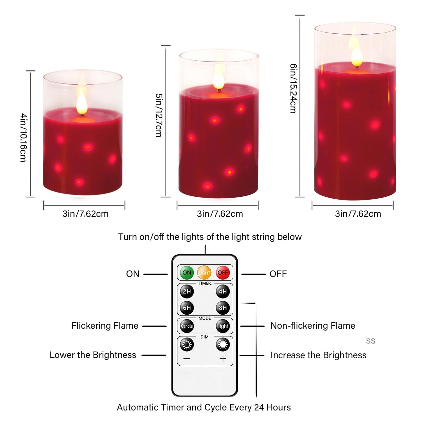 Nimiko Real Wax Flameless Candles Glass,Battery Operated LED Candles with Flickering Flame,Glass Shell,Interior Star Light Decoration Set of 3 Red (D3×H 4" 5" 6") for Home Decor,Holiday Decoration