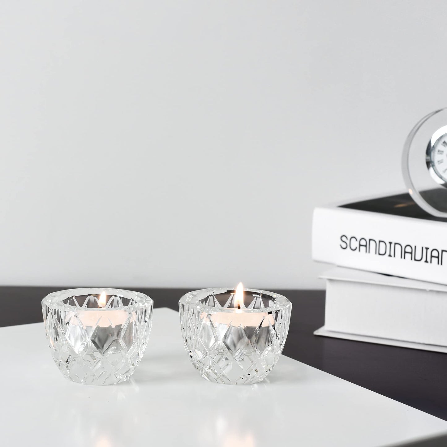 Kitcom Crystal Tealight Candle Holders Pack of 2 for Wedding Party Dinner Table Home Decor Hand-Cut W2.4'' X H1.7'', Clear