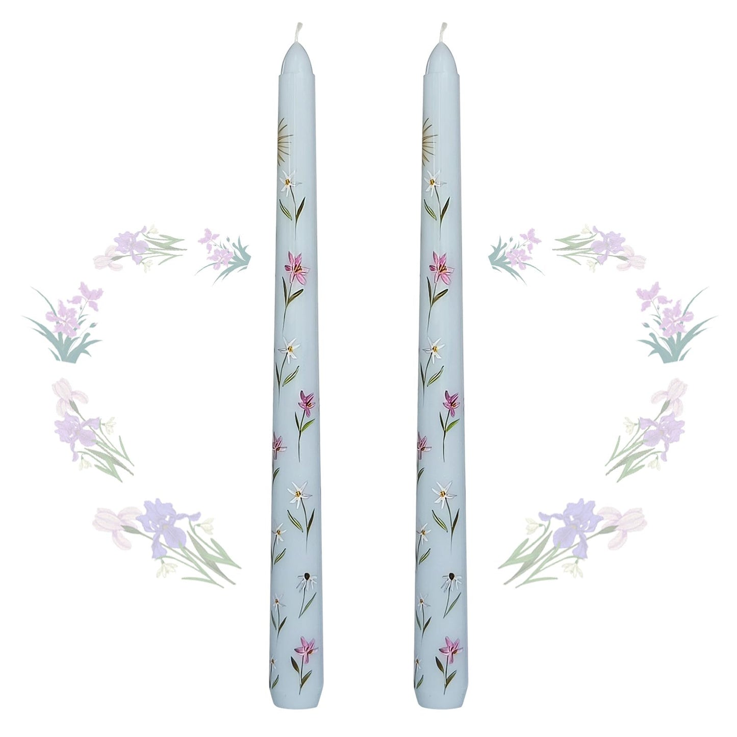Taper Candles 10 Inch Print Candle Handmade Unscented Light Blue Iris Long Candles 2 Pack Twisted Candlesticks for Wedding Home Decoration Gifts