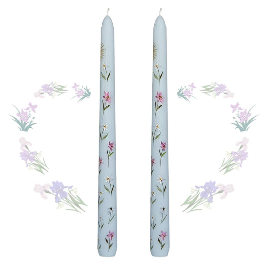 Taper Candles 10 Inch Print Candle Handmade Unscented Light Blue Iris Long Candles 2 Pack Twisted Candlesticks for Wedding Home Decoration Gifts