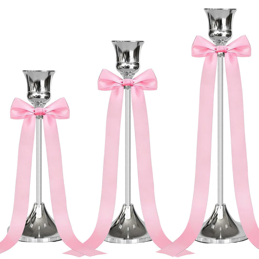 Avalessia Candlestick Holders with Pink Ribbon Bows,3pcs Metal Taper Candle Holder,Silver Candle Holders for Pillar Candles,Vintage Decor for Wedding,Fireplace, Table Mantel,Housewarming Gift