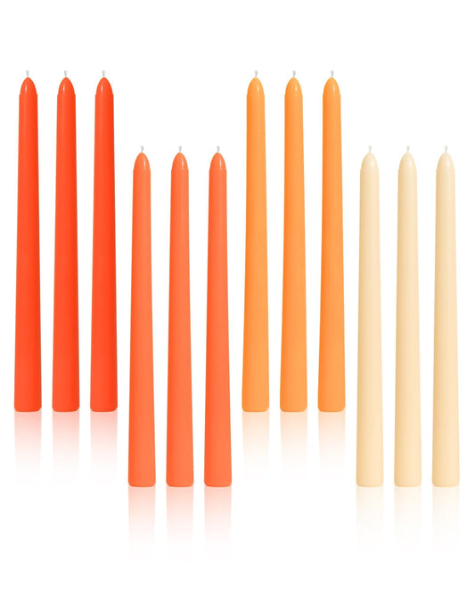 Viyffo 10 Inch Taper Candles-12 Pack Orange, Unscented, Smokeless– 8 Hour Burn – Long Tall Tapered Candlesticks for Wedding, Dinner, Holiday, Party, Home Decor Natural Color Series