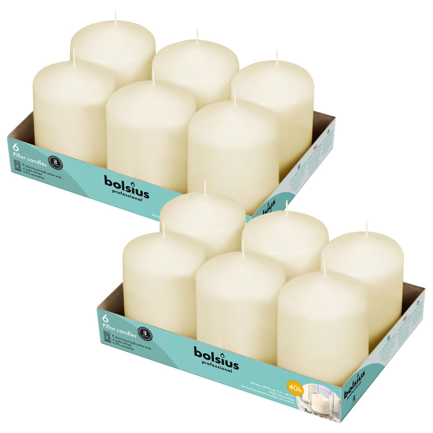 BOLSIUS 12 Ivory Pillar Candles Bulk - 3x4 Inches Candle Set - 40+ Hours Clean Burning - No Palm Oil - 0% Animal Fat - Premium European Quality - Unscented Dripless Home Decor Pillars