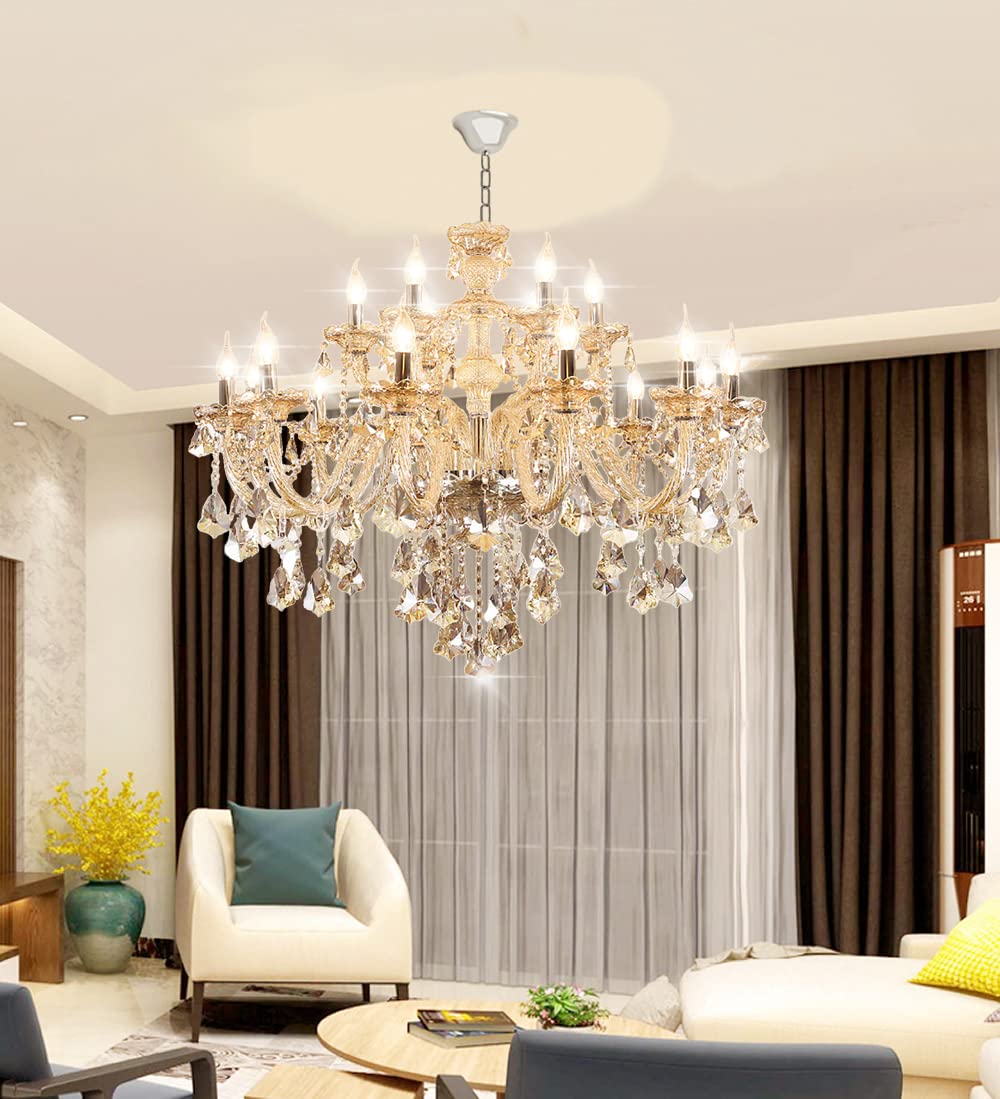 Durahonn Luxury Cognac Crystal Chandelier 18 Lights,Contemporary K9 Crystal Ceiling Chandelier Lighting Fixture Candle Style E12 Base for Dinning Living Room Bedroom Hallway (18 Lights)