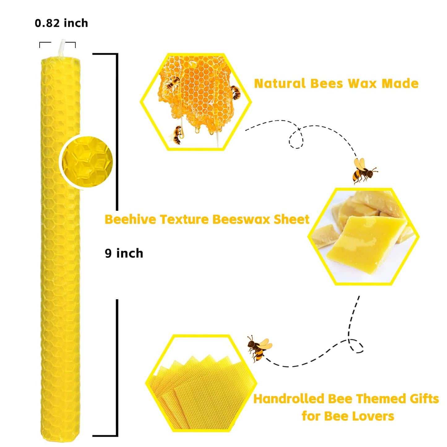 Lacaser Beeswax Taper Candles 8 Pack, 9“ Long Candles for Candletsicks, Dripless & Unscented, 4 Hours Burn Time, Yellow