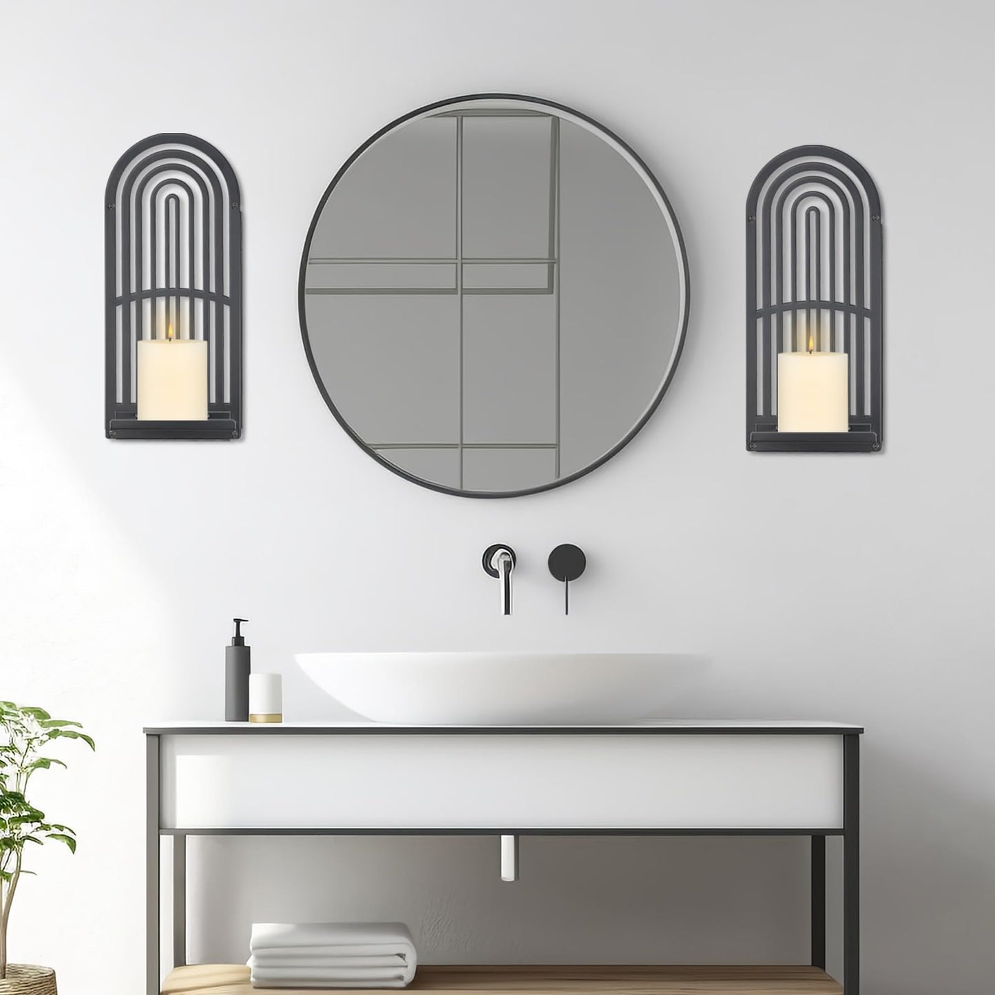 OYEFLY 2Pcs Metal Wall Hanging Candle Sconces,Black Boho Wall Shelves Candle Holders (Black)