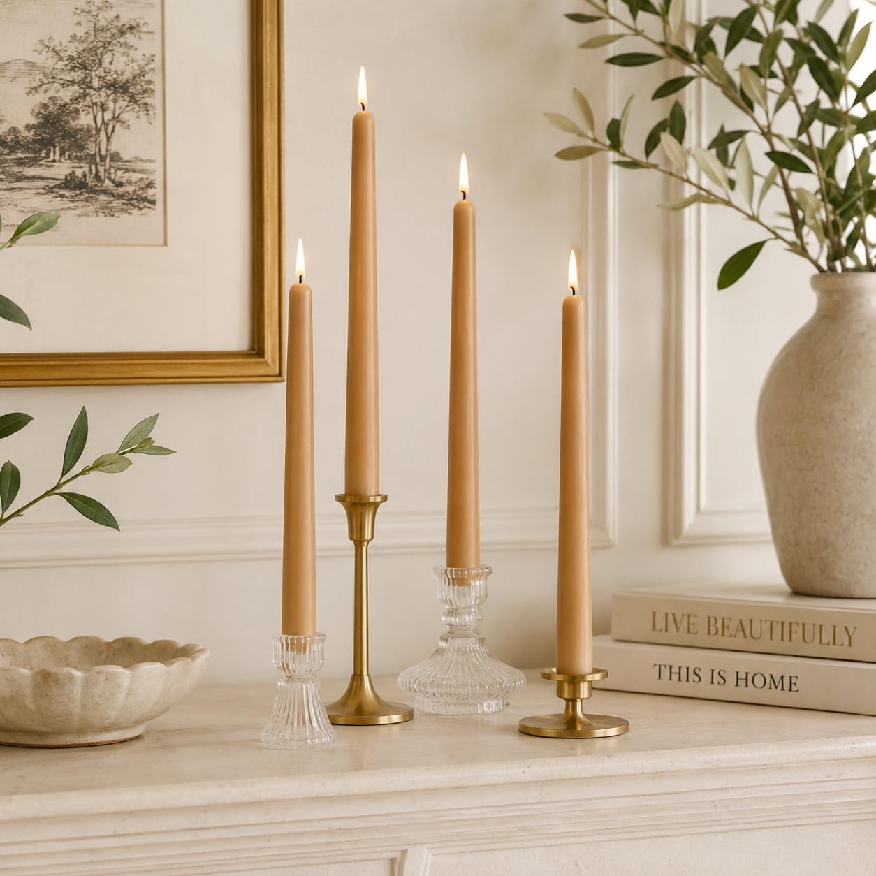 Warm Beige Taper Candles Set of 4, 10 Inch Handmade Candle Stick, Unscented Candlesticks, Tapered Candles for Wedding Dinner Table Home Decor Meditation Gift