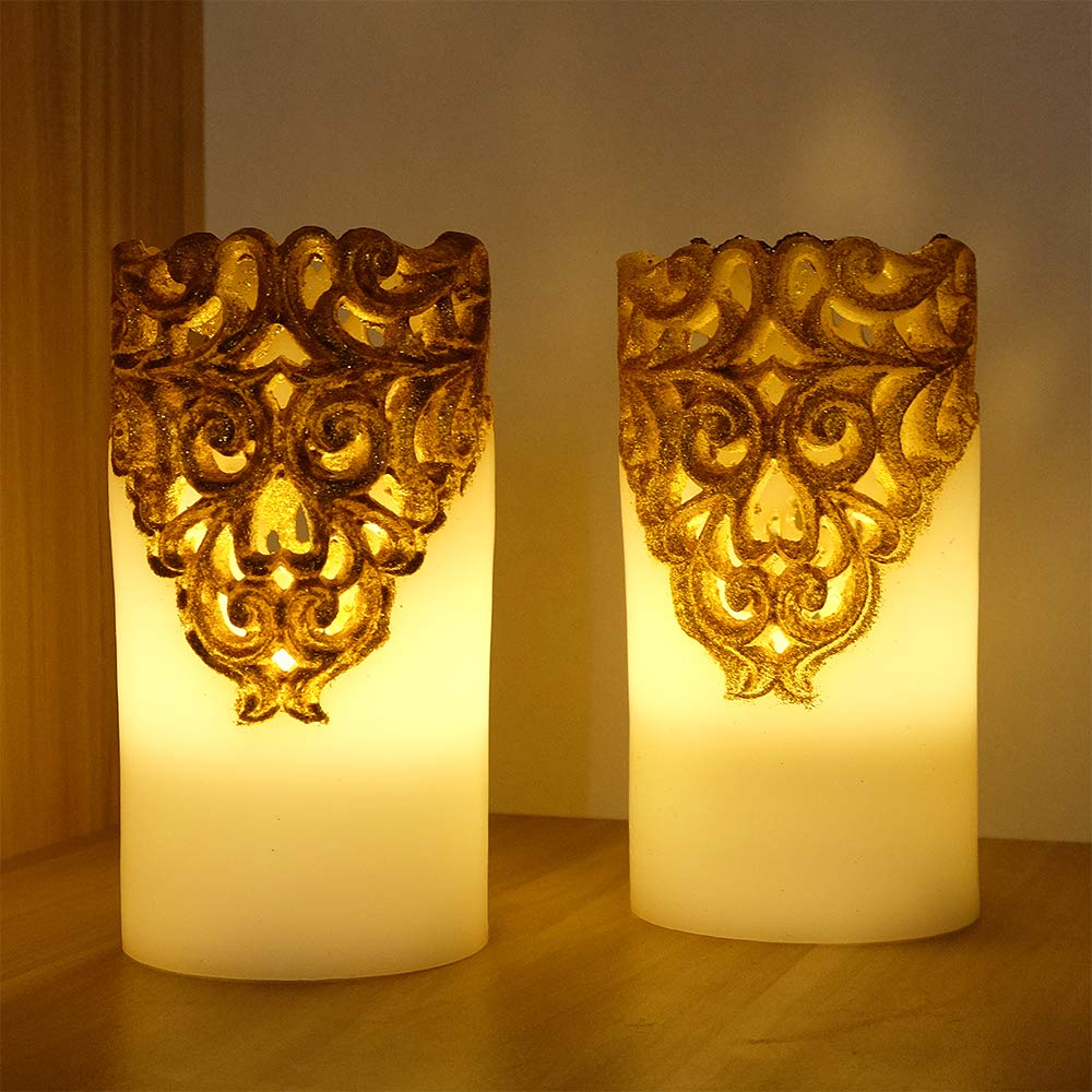 DRomance Hollow Gold Flameless Flickering Candles with 5H Timer, Battery Operated LED Pillar Candles Unscented Wax Warm Light Christmas Home Decoration(Set of 2, 3 x 6 Inches)