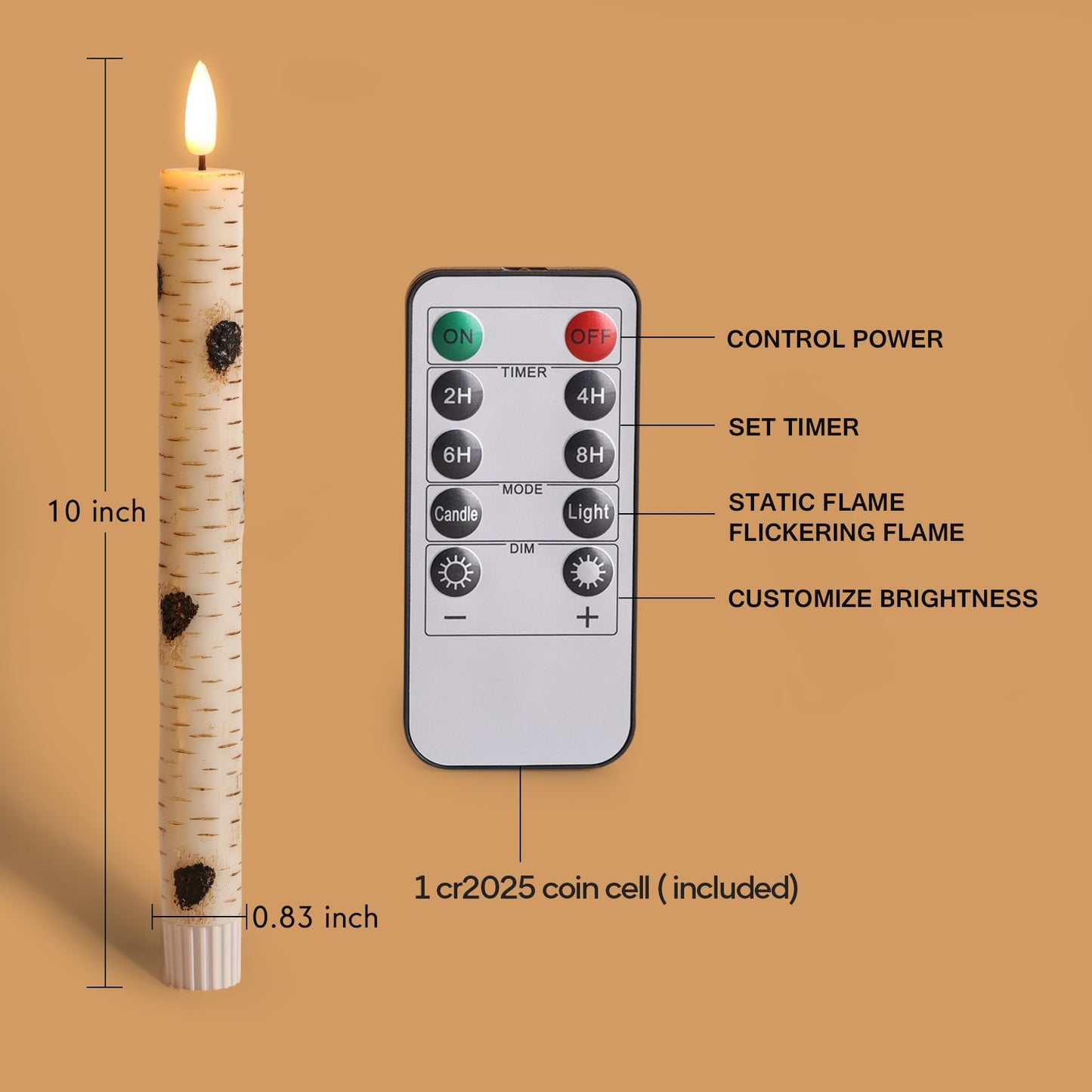 Girimax Birch Bark Flameless Taper Candles with Remote, Flickering Battery Wood LED Candlesticks Set of 6