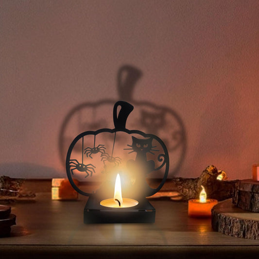 ABTOLS Halloween Shadow Candles Holder, Spooky Black Cat Spider Cross Tealight Candle Holders with Shadow Vintage Scary Pumpkin Shape Candle Centerpiece Stands for Home Indoor Party Decor