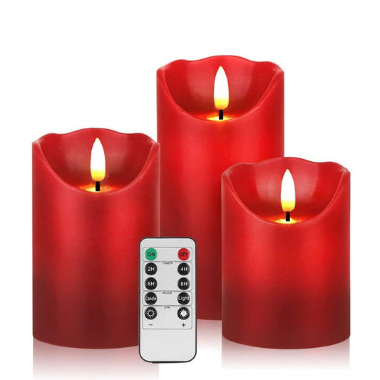 Gbateri 3 PCS Red Flickering Flameless Candles - Dripless Real Wax Pillar LED Candle Lights - Battery Operated Candles - Dancing Electronic Candles Set with Remote Control and Timer for Decoration Use