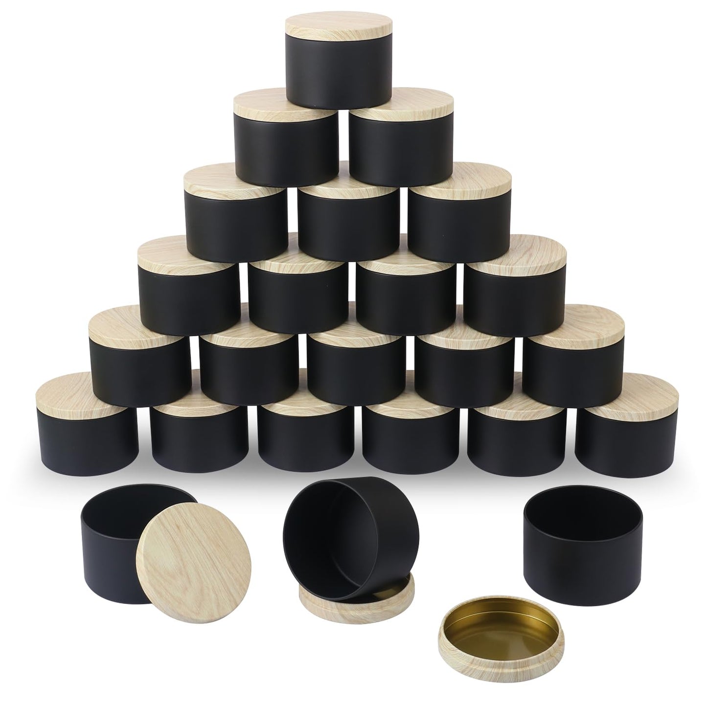Biugaaufai 24 Pack 8 OZ Black Metal Candle Tins, Round Candle Tins with Wood Grain Lids for DIY Candle Making and Storage