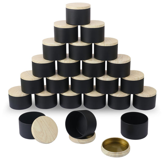 Biugaaufai 24 Pack 8 OZ Black Metal Candle Tins, Round Candle Tins with Wood Grain Lids for DIY Candle Making and Storage