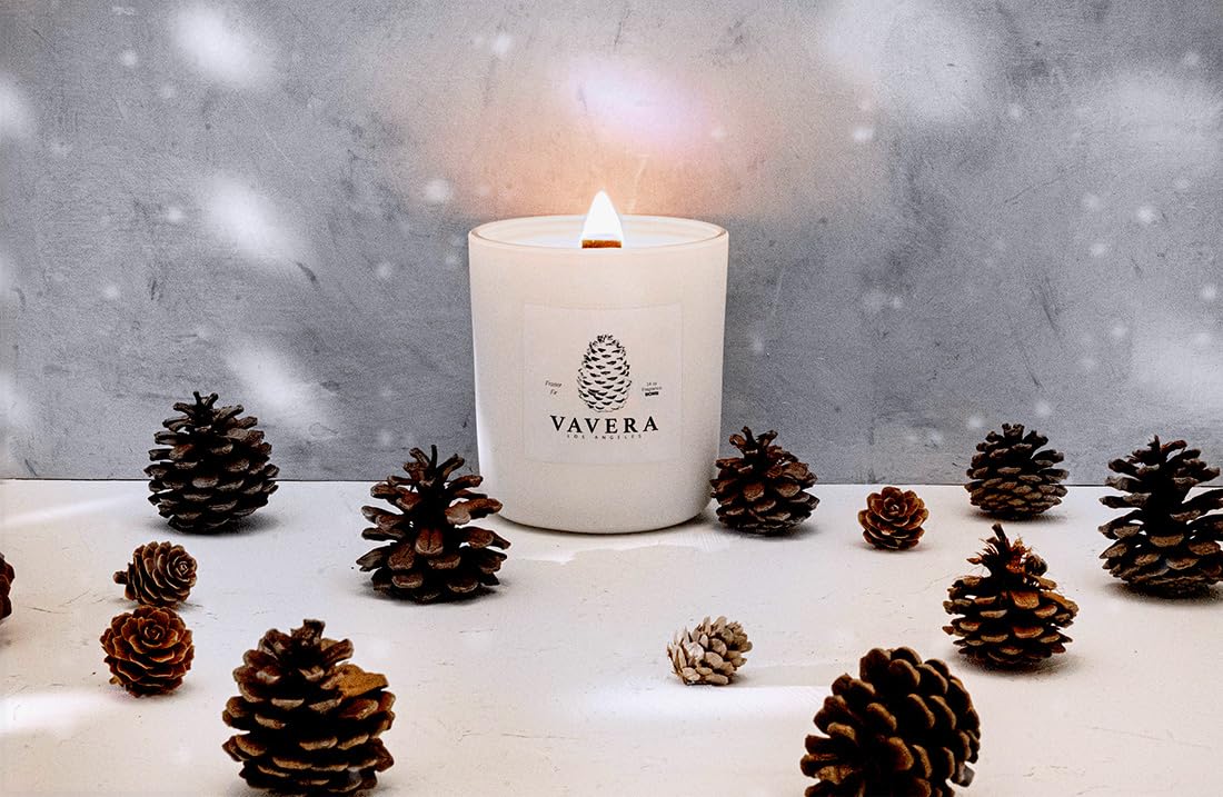 VAVERA Fraser Fir Candle Natural Wooden Wick (11oz Matte White Jar). Vegan Soy Christmas Candle. Pine Candles, Great for The Holidays. Non Toxic Candles for Women or Men. Hand-Crafted in USA.