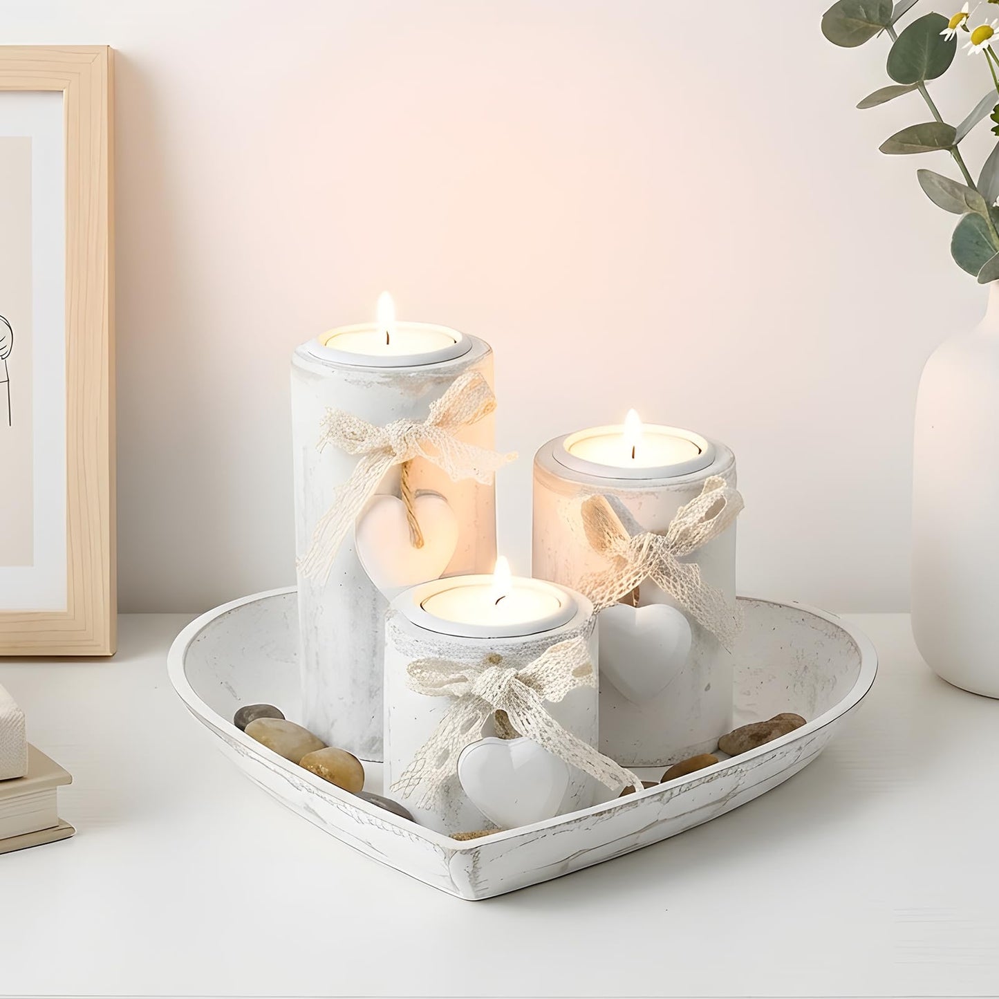 Teeloray Farmhouse Candle Holders 3 Pack Rustic Wooden Pillar Candle Holder with Heart Tray and Stones Tealight Candles Holders Centerpiece for Wedding Coffee Table Mothers Day Valentines Home Decor