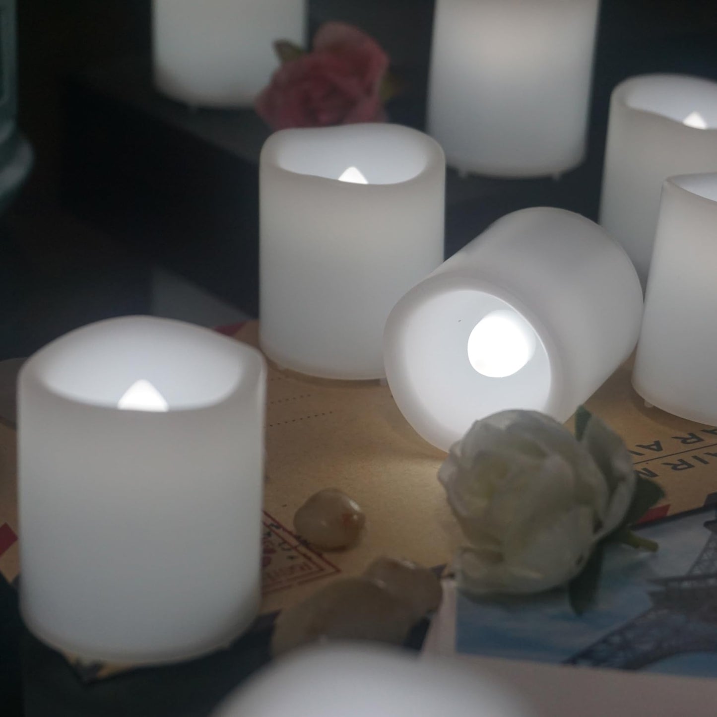 Smallpenglai 12 Pack Flameless Votive Candles Flickering Electric Fake Candles LED Battery Operated Tea Lights for Home Wedding Decor Party Table Halloween Christmas Decorations, White Glow