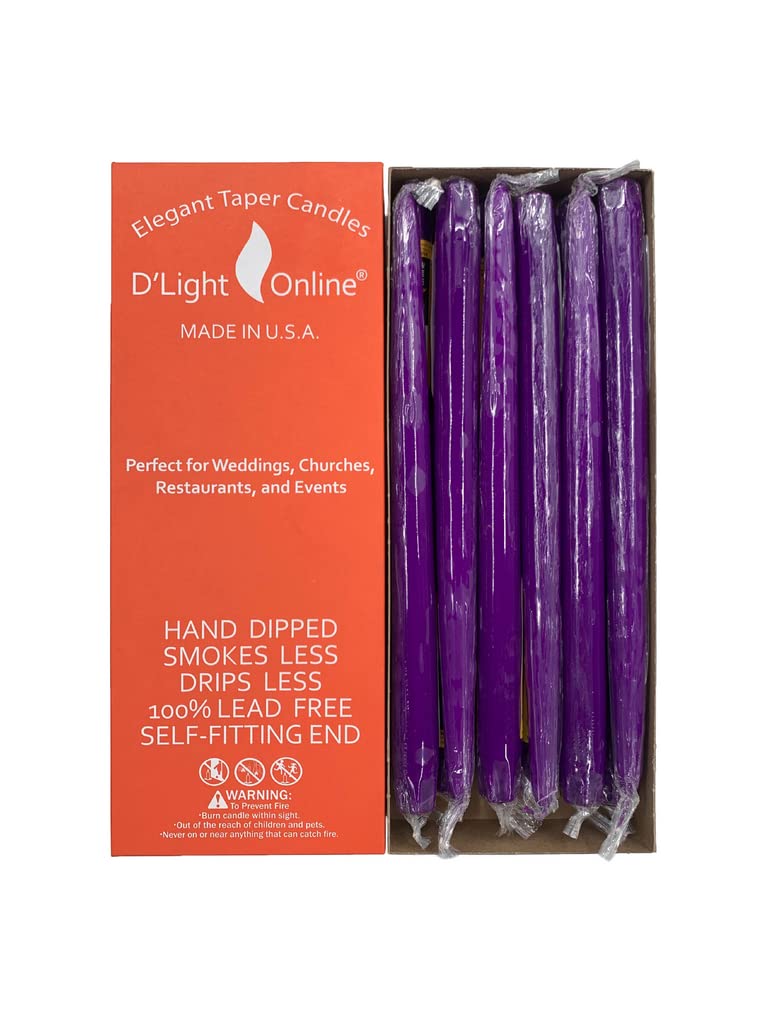 D'light Online Elegant 12" Unscented Purple Taper Candles, Premium Quality Hand-Dipped Tapered Candles, Dripless Tapers and Smokeless - Individually Wrapped (12 Inch, Purple)