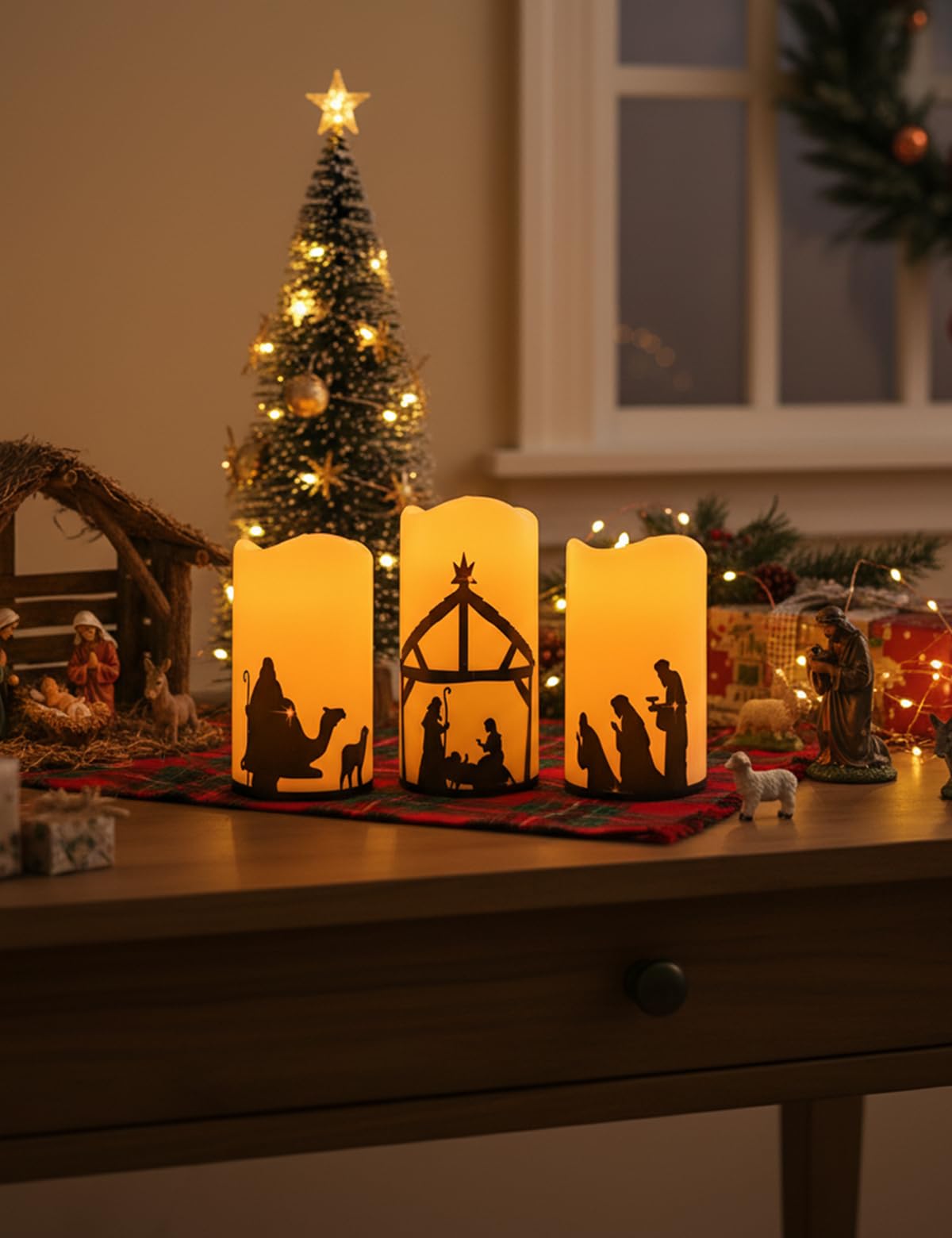 Glflickerow 3 Pcs Christmas Nativity Scene Candles with Timer Remote Battery Operated Led Pillar Religion Flameless Candles for Xmas Holiday Home Decor