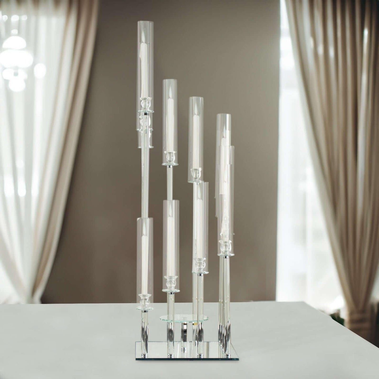 Efavormart 4.5ft Crystal 12-Arm Cluster Glass Candelabra Floral Pedestal Stand, Square Hurricane Taper Candle Holder Stand