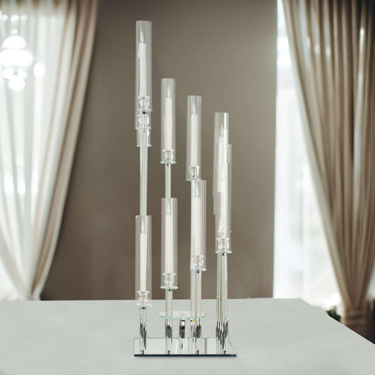 Efavormart 4.5ft Crystal 12-Arm Cluster Glass Candelabra Floral Pedestal Stand, Square Hurricane Taper Candle Holder Stand