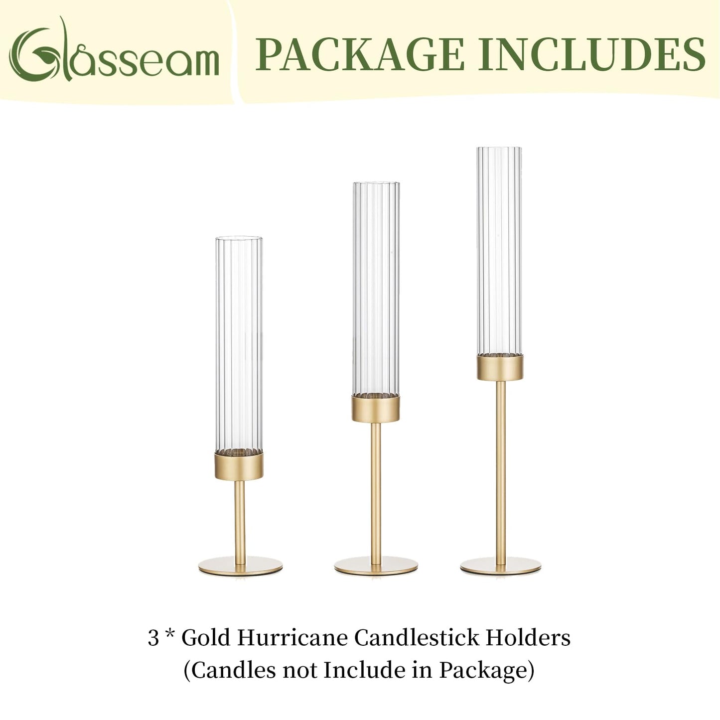 Gold Hurricane Taper Candle Holders: Glasseam 3Pcs Brass Candlestick Holders with Ribbed Glass Cylinder Cover Fluted Tall Candle Sticks Holder Decor for Table Centerpiece Wedding Christmas Decorations