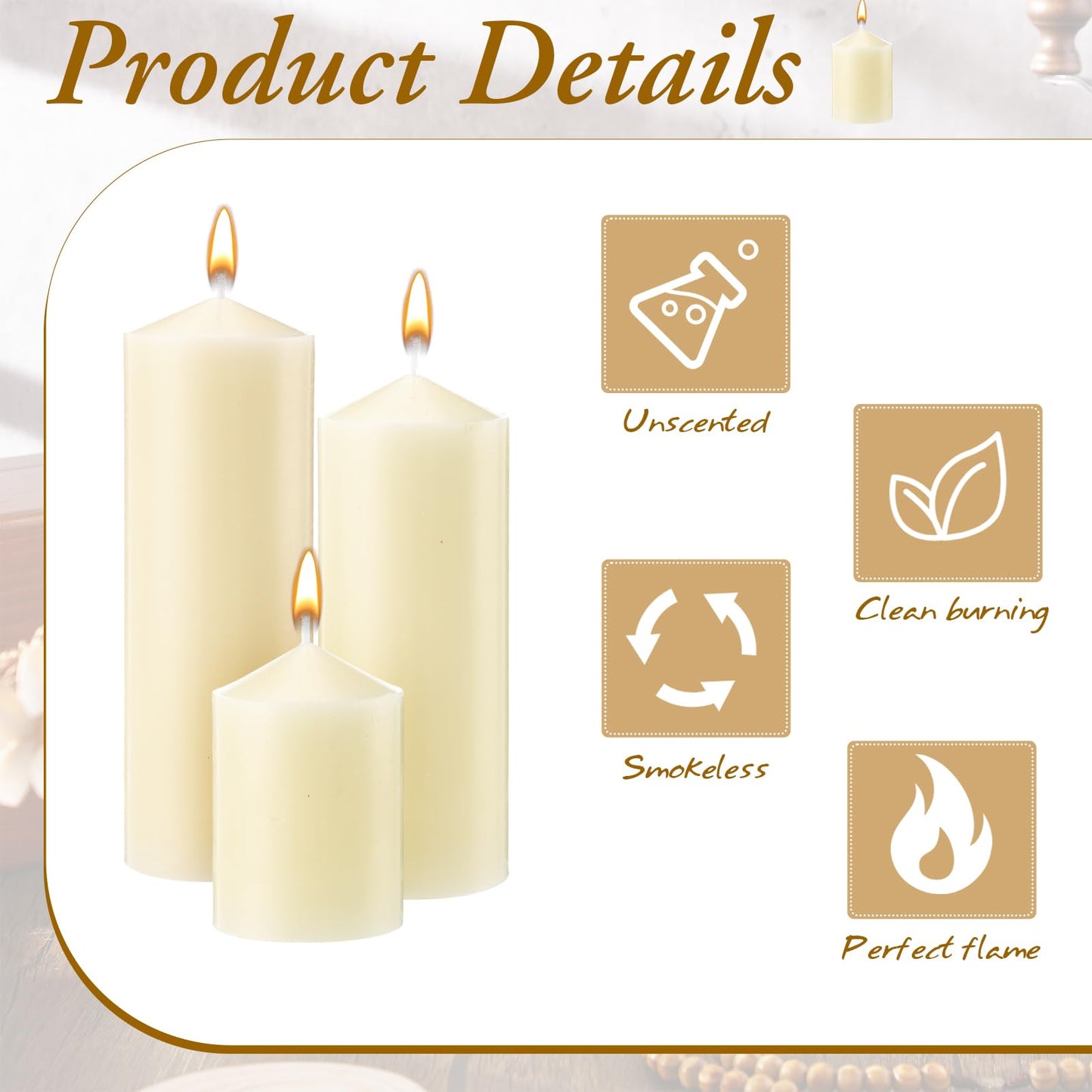 MTLEE 6 Pcs Pillar Candles 3 Set 2 in x 3, 6, 8 Inch Smokeless Dripless Unscented Pillar Candles Long Clean Burning Wax for Wedding Dinner Party Spa Emergency Ceremony Home Decor (Ivory White)