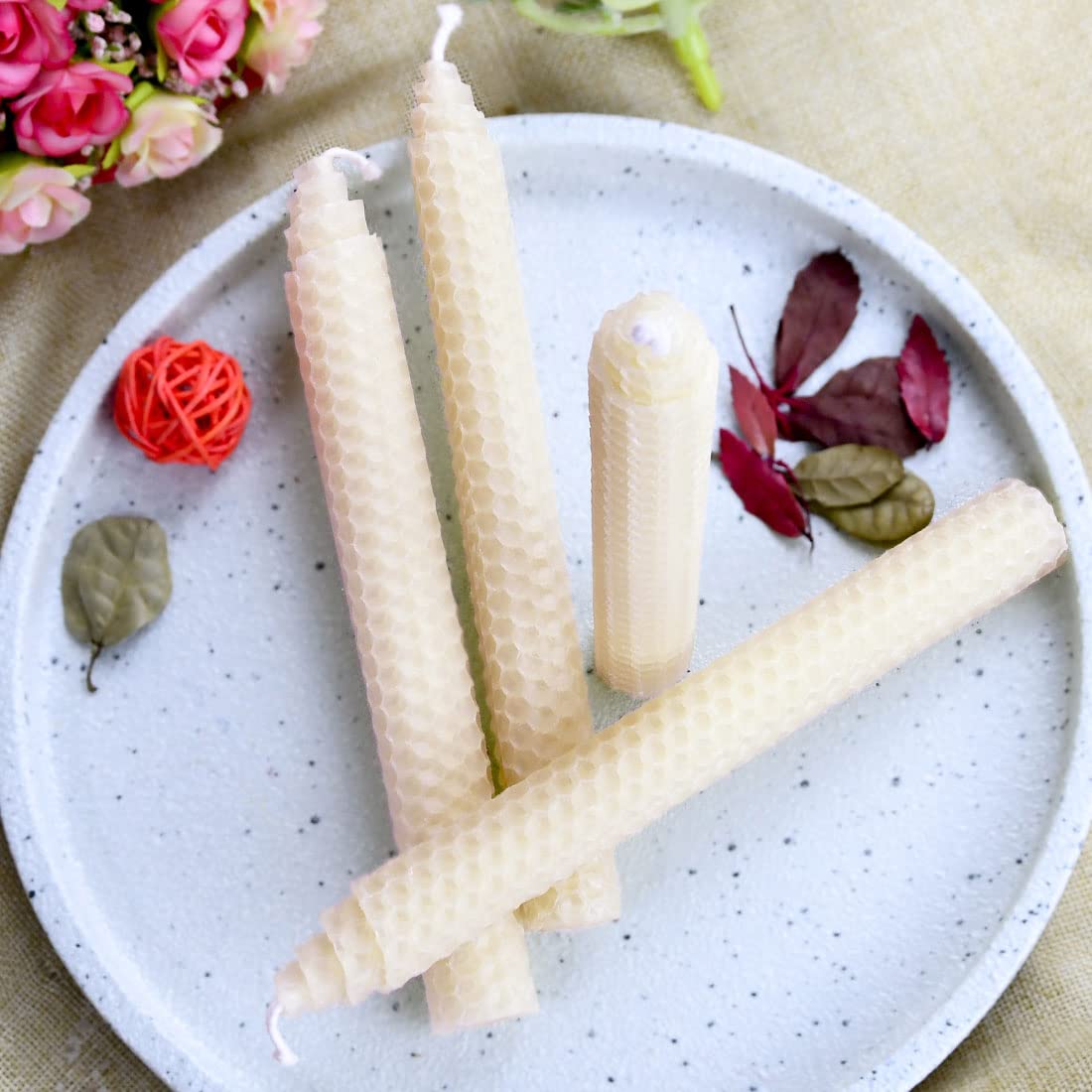 DEYBBY 8'' White Beeswax Taper Candles, 6 Pack Natural Honey Comb Hand Rolled Dripless Bee Wax Candles for Wedding,Holidays,Dating