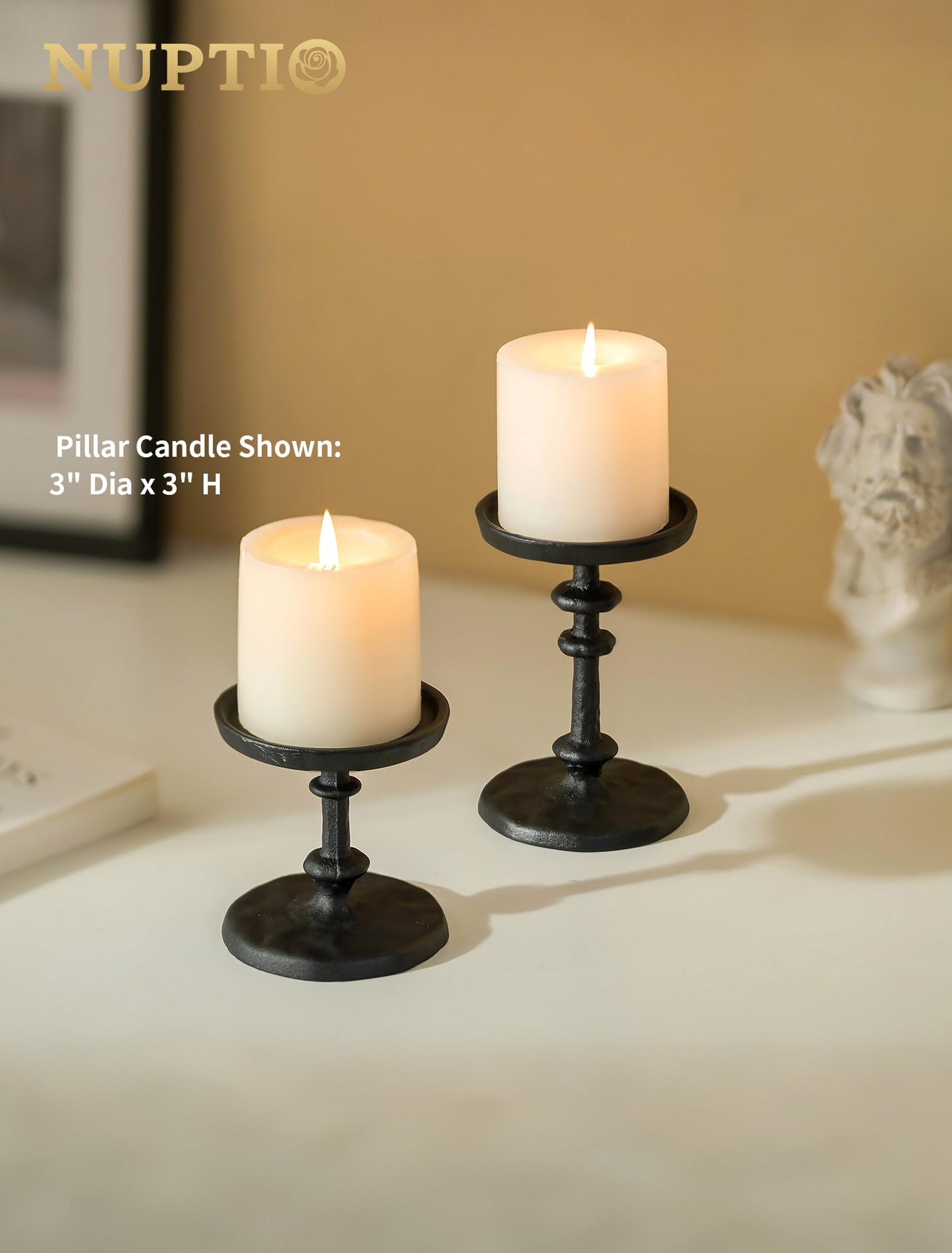 NUPTIO Pillar Candle Holder Black: Solid Cast Iron Candle Stand for 3 Inch Pillars - Handcrafted Hammered Candleholder for Thanksgiving Christmas Fireplace Mantle Decor