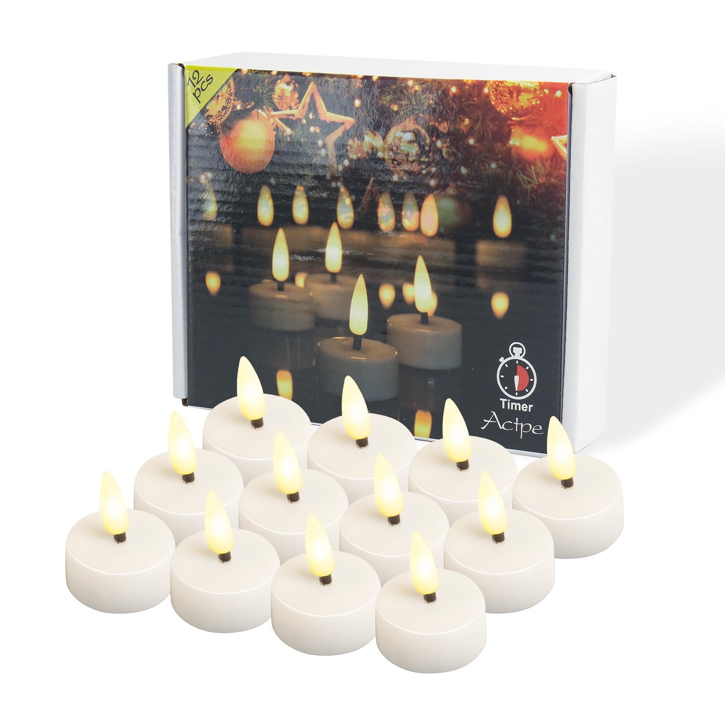 ENERJARY LED Tea Light Candles with Timer Flickering Flame 12pcs Battery Operated Realistic Bright Unscented Tea Light Fake Candles for Romantic Wedding Home Xmas Decor Birthday Halloweens Warm White