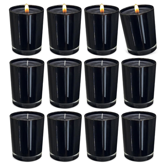 12 Pack Black Unscented Glass Filled Votive Candles, Soy Wax Candle Ideal Gifts for Spa Weddings Birthdays Holidays Party