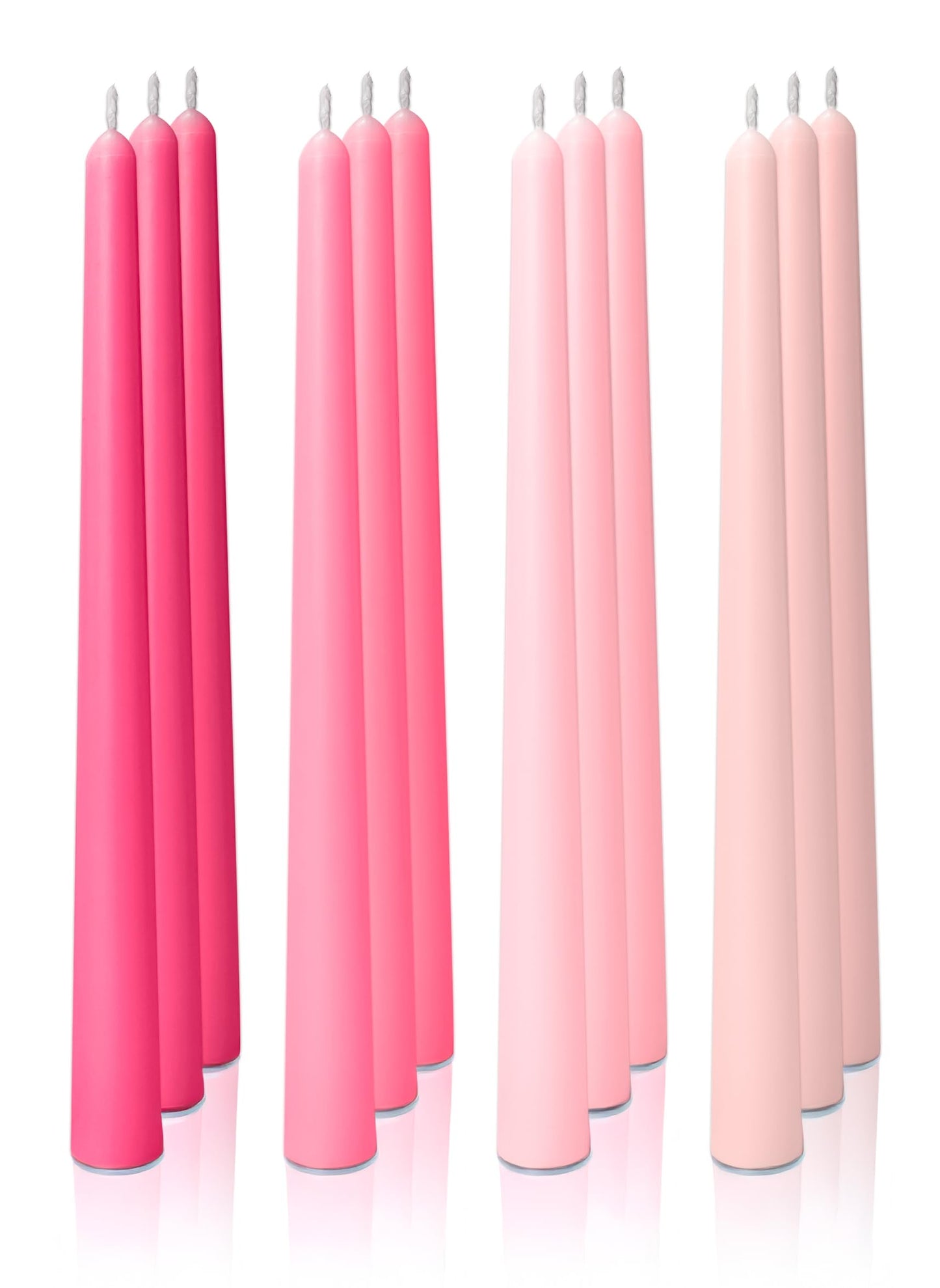Homeology 12pk 10" Classic Taper Candles, Pink Shades, 7-8 Hours Long Burning, Unscented Tall Candlesticks