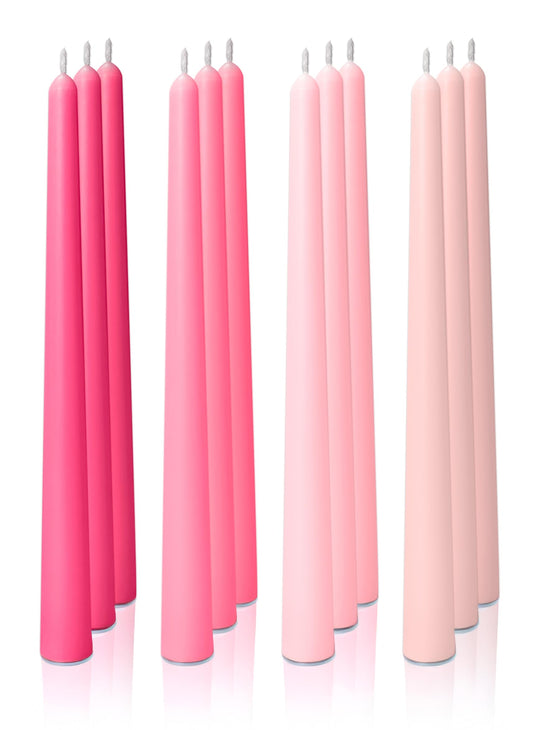 Homeology 12pk 10" Classic Taper Candles, Pink Shades, 7-8 Hours Long Burning, Unscented Tall Candlesticks