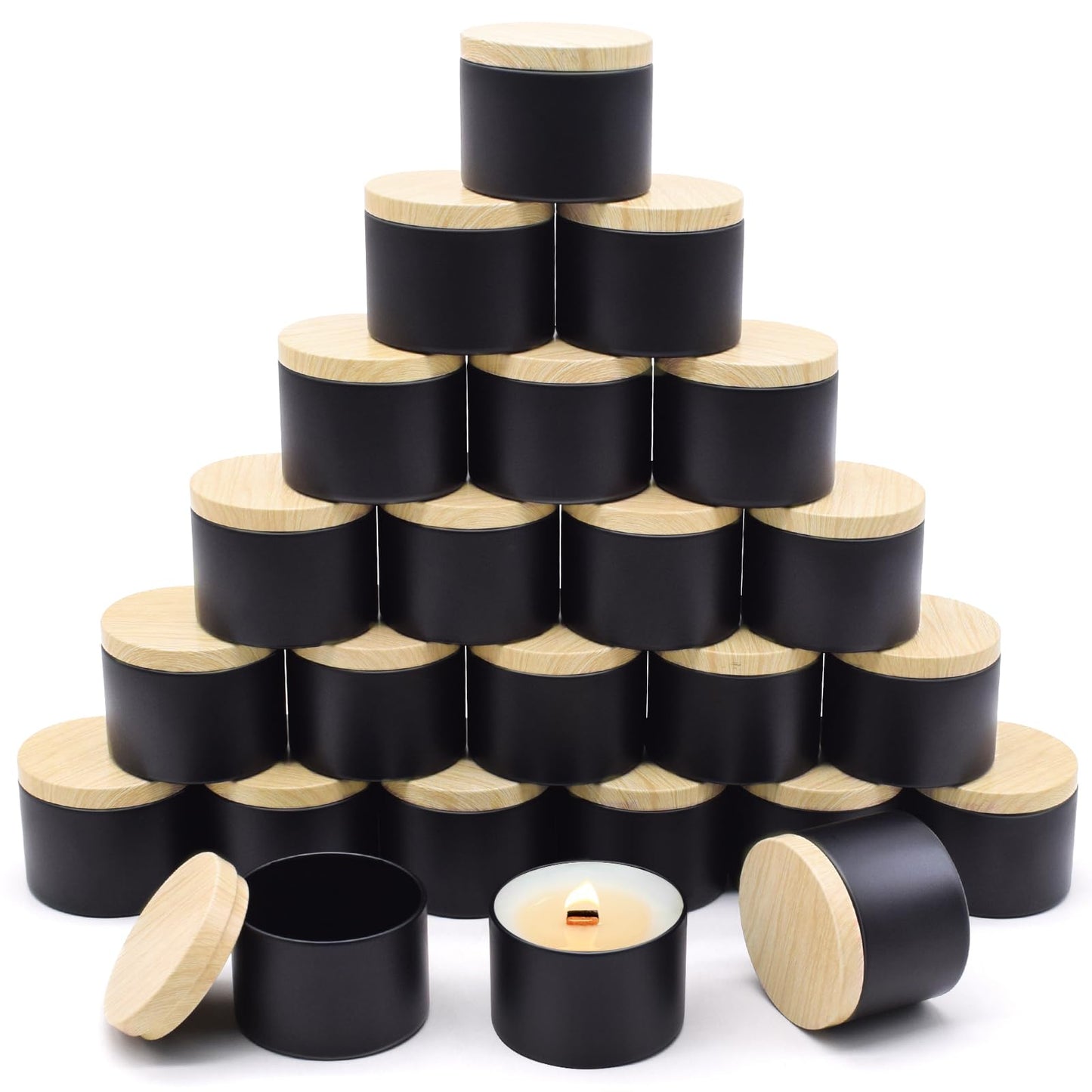 YJHSS 24-Pack 4oz Candle Tins with Wood-Grain Printing Lids, Metal Candle Jars for Candle Making, Empty Containers Vessels Bulk for Small Business & Beginners DIY Storage -Wood Black
