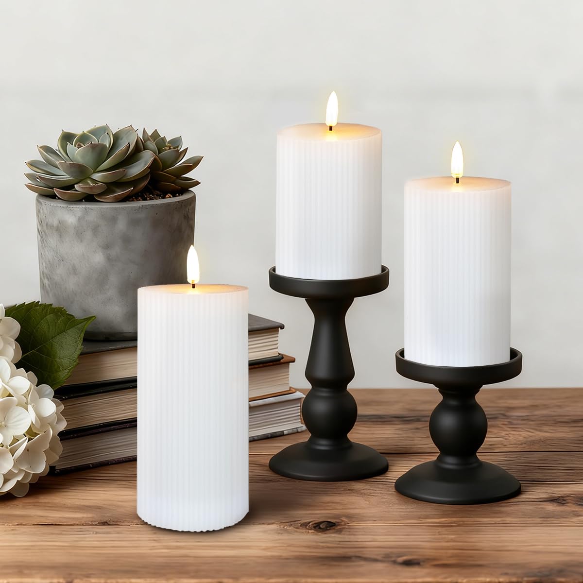 LEDHOLYT Rechargeable Flameless LED Pillar Candles–Luminous Real Wax Indoor Home Decor–Set of 3, Realistic Flickering LED Flame,Remote & Timer, USB-Rechargeable（White）