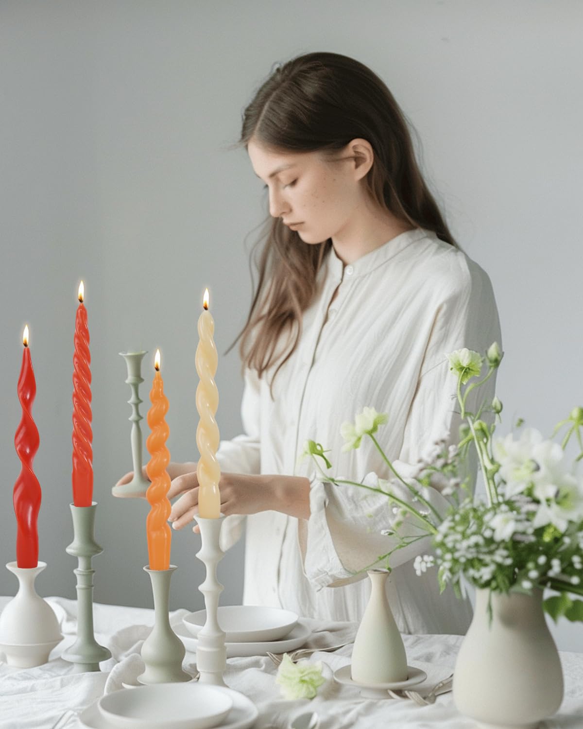 Green Spiral Taper Candles Short Candle Sticks Unscented Smokeless Twisted Candlesticks for Christmas Table Decor Holiday Dinner Party-7.5inch-4pack