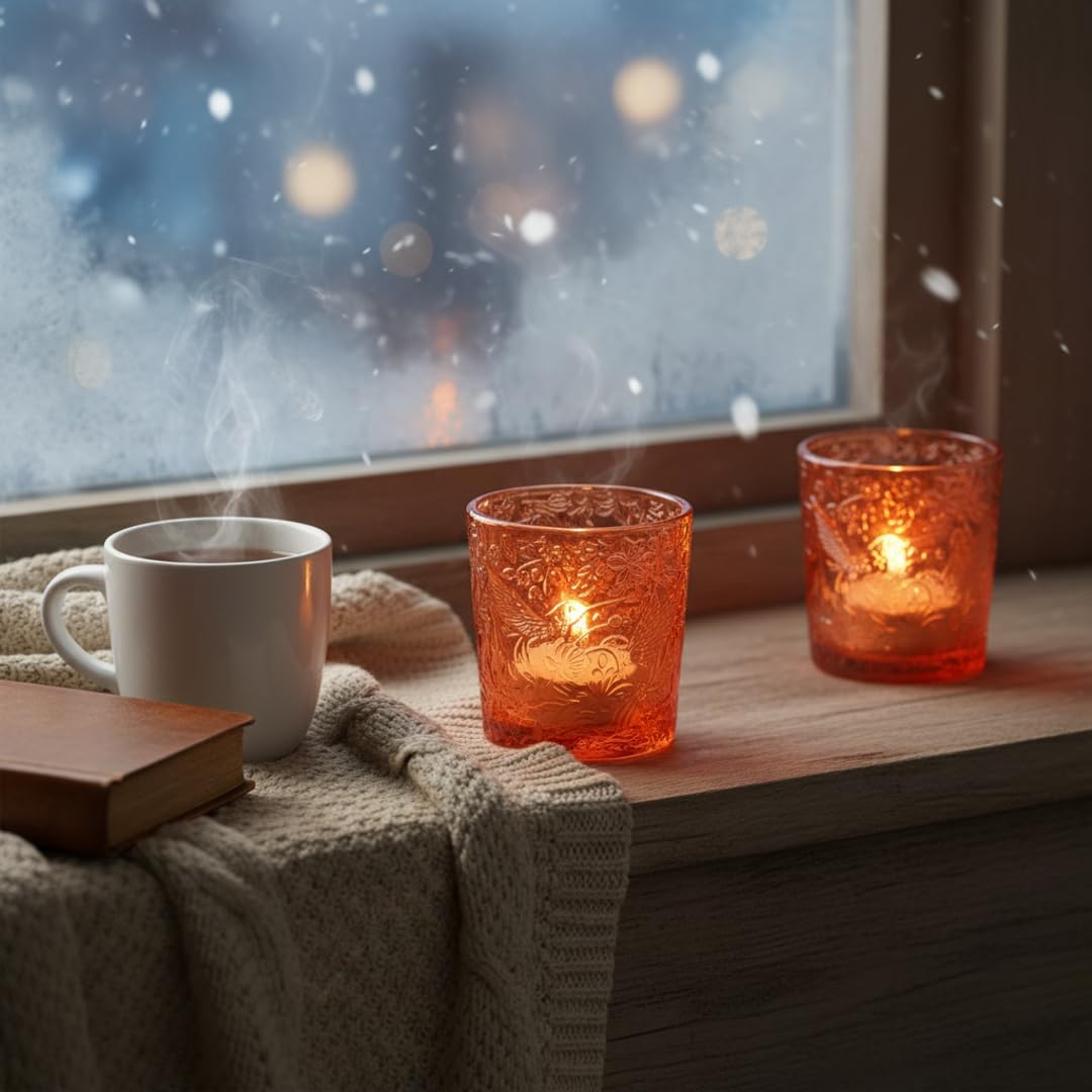 6 Pack Hummingbird Embossed Glass Candle Holders Votive Tealight Holders with Patent Design, Decorative Glass Cups for Wedding Centerpieces, Parties, and Home Decor (Pumpkin Spice)