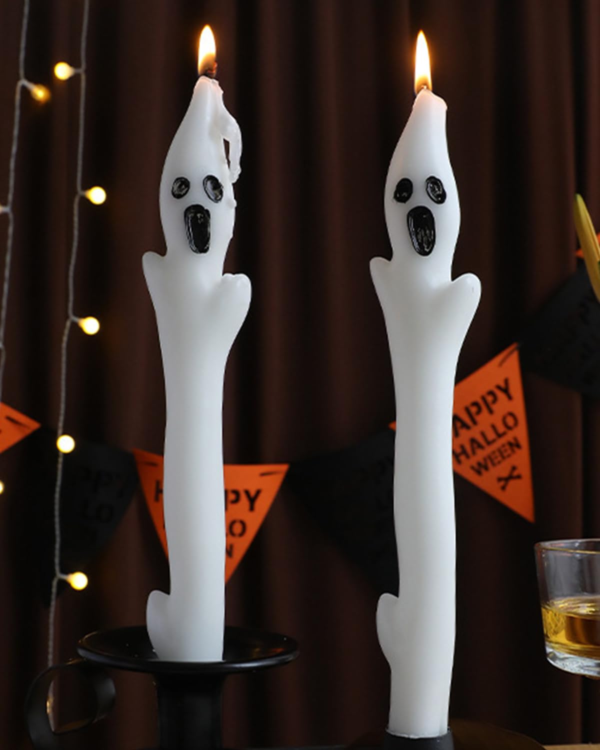 10inch Ghost Taper Candles White Tall Taper Candle with Decorative Candlestick for Halloween Table Decorations,Set of 2