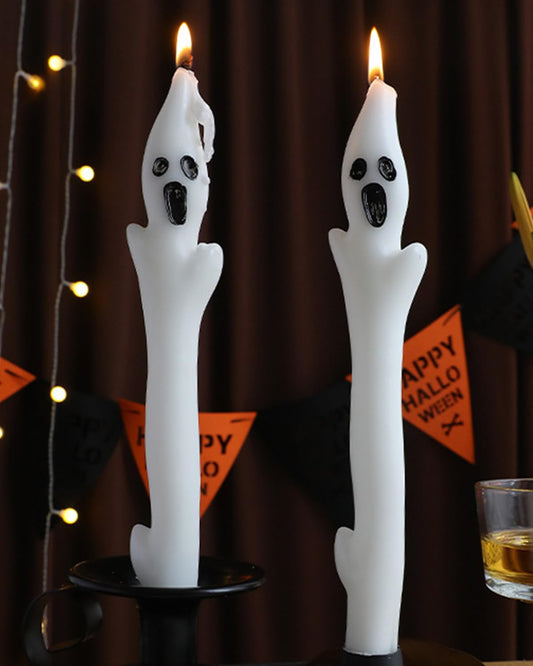 10inch Ghost Taper Candles White Tall Taper Candle with Decorative Candlestick for Halloween Table Decorations,Set of 2
