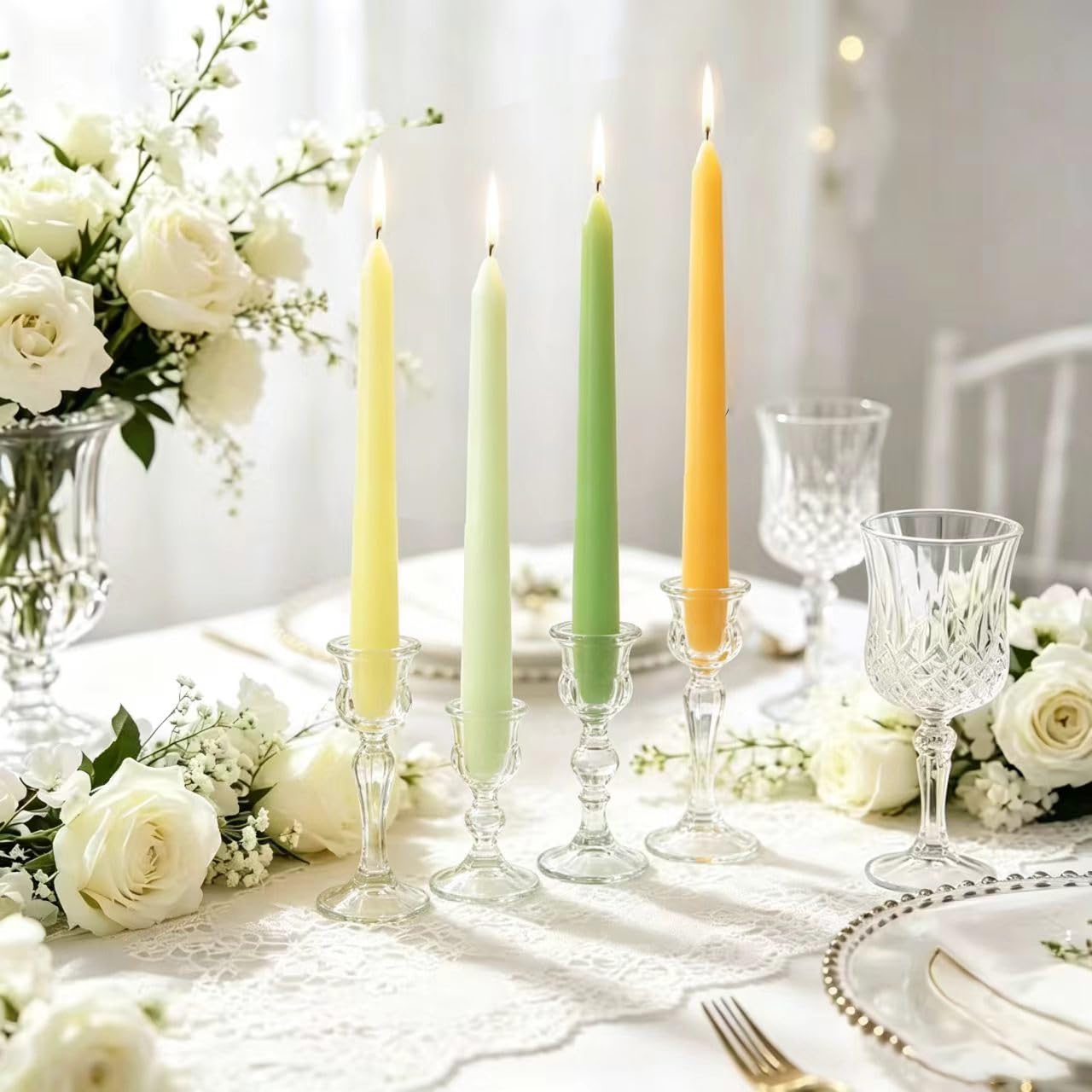 8 Pack 10 Inch Green & Yellow Smooth Taper Candle Set, 7/8 Inch Unscented Driples Candlesticks for Home Spring Decoration, 6-7 Hours Burn