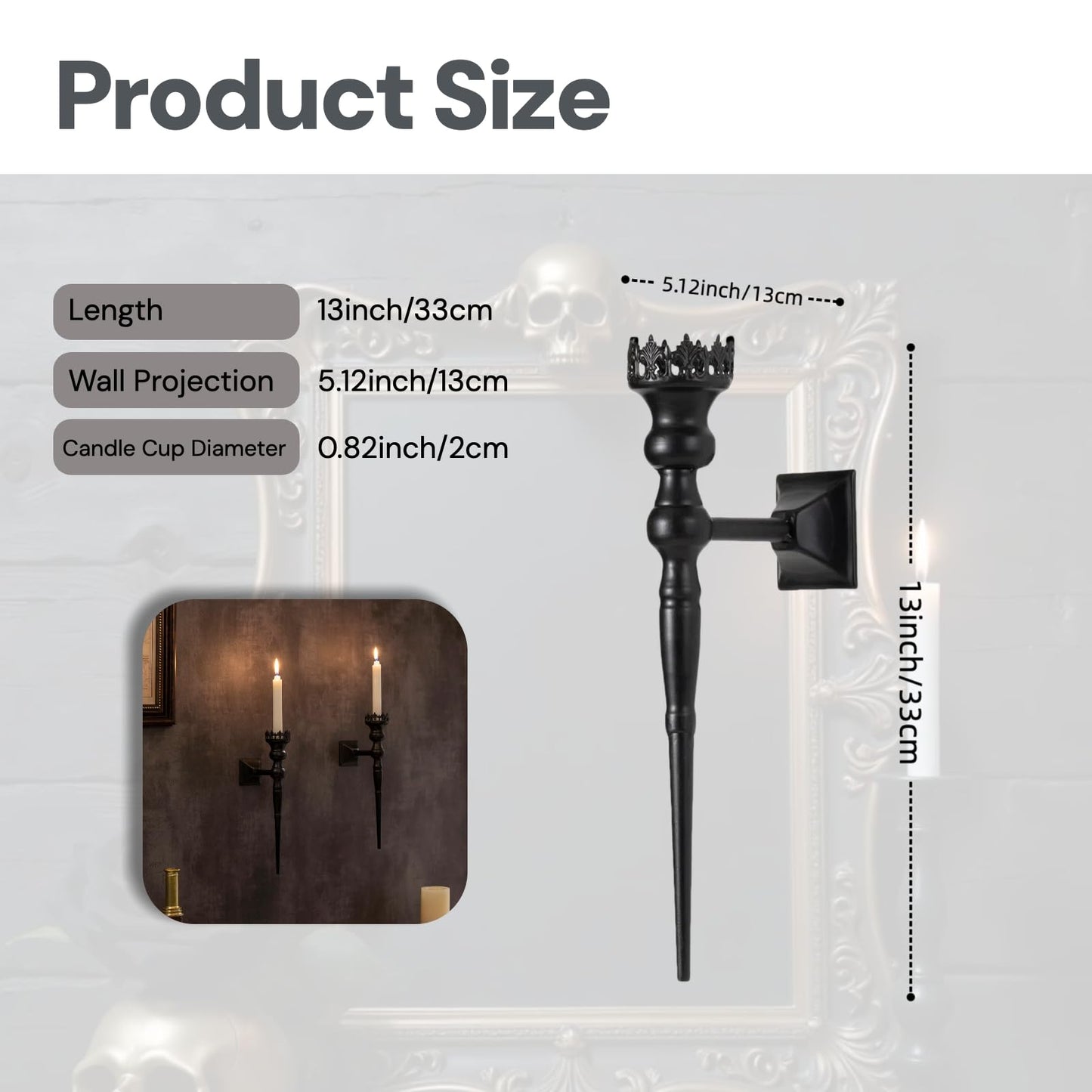 Woparty Gothic Wall Sconce Candle Holder for Taper Candles (Set of 2) Black Iron Crown and Scepter Design Victorian Wall Decor for Living Room, Bathroom,Dining Room
